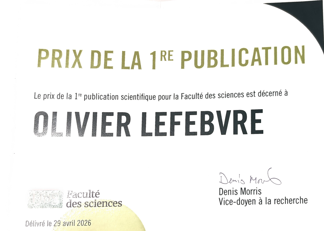 First Publication Award certificate